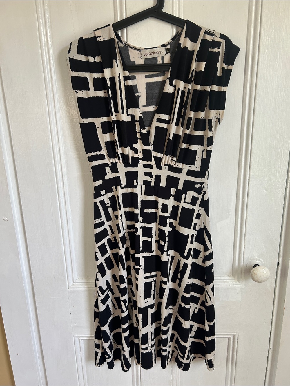 Veronica M Black & Cream Abstract Geometric Midi Dress